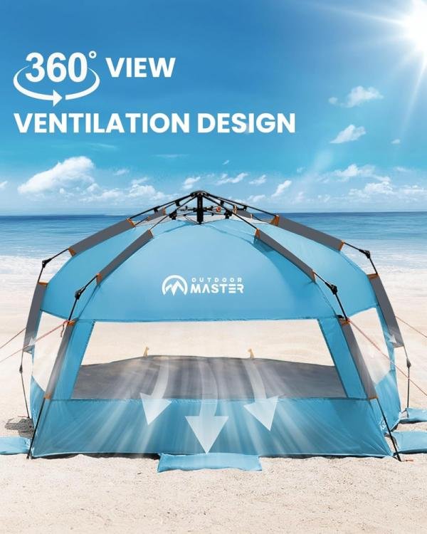 OutdoorMaster Tienda de campaña de playa desplegable para 4 personas, fácil instalación y portátil, toldo de refugio solar con protección UV UPF 50+, tragaluz extraíble, tamaño familiar - Imagen 3