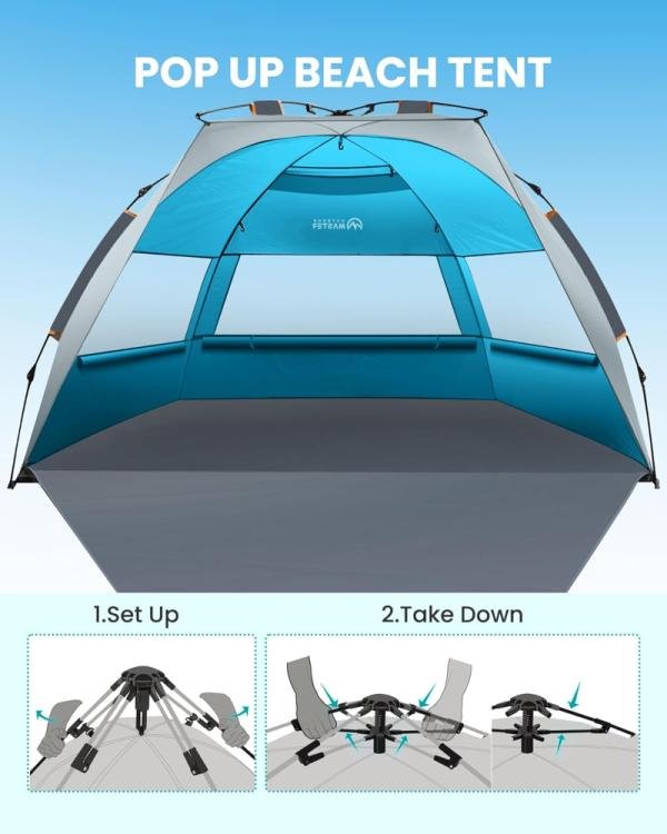 OutdoorMaster Tienda de campaña de playa desplegable para 4 personas, fácil instalación y portátil, toldo de refugio solar con protección UV UPF 50+, tragaluz extraíble, tamaño familiar - Imagen 5