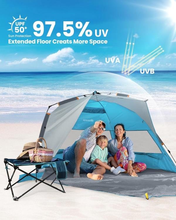 OutdoorMaster Tienda de campaña de playa desplegable para 4 personas, fácil instalación y portátil, toldo de refugio solar con protección UV UPF 50+, tragaluz extraíble, tamaño familiar - Imagen 6