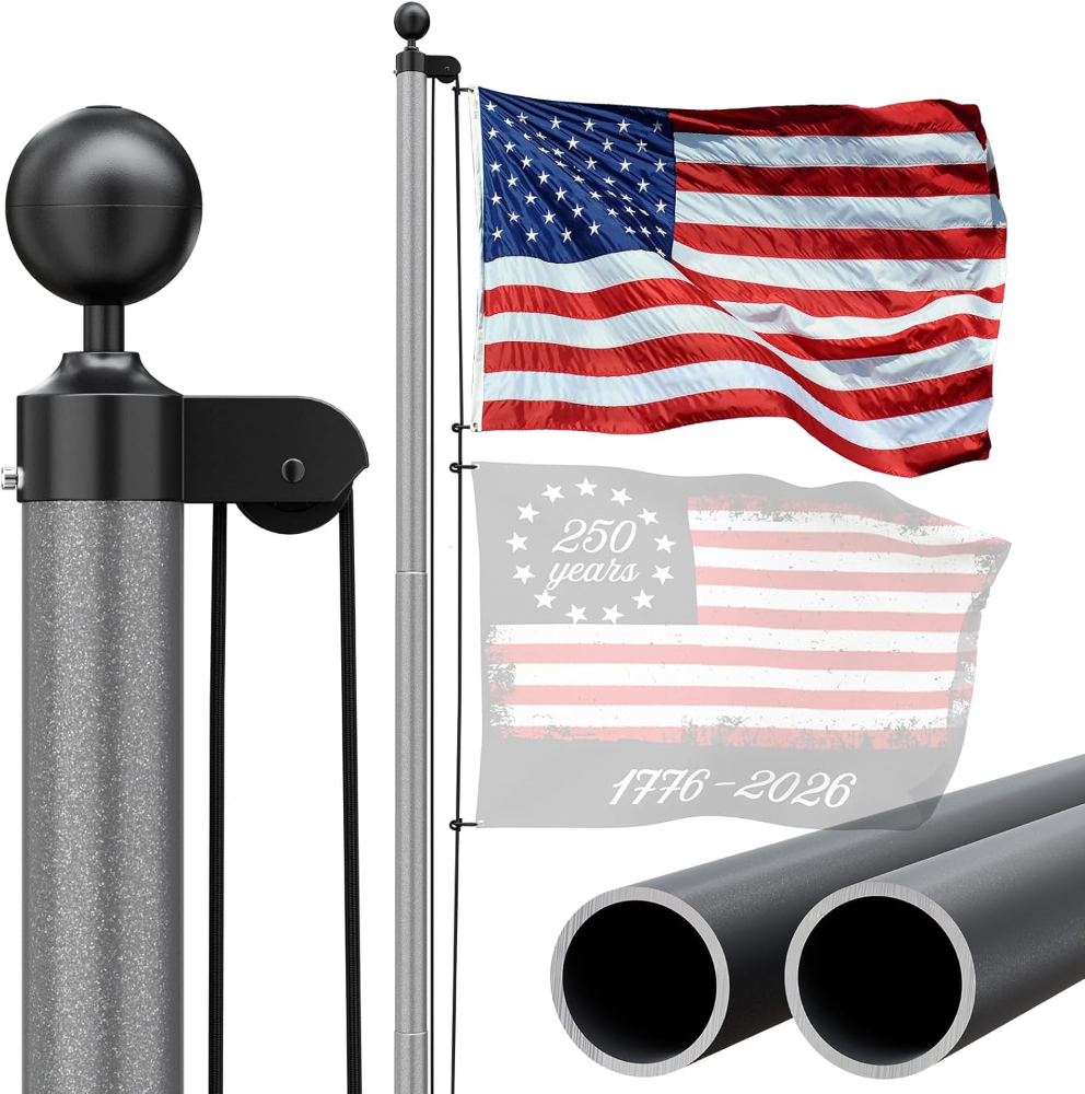 SCWN Mástil de bandera de alta resistencia para el suelo de la casa, kit de asta de bandera de aluminio extra grueso de calibre 13 de 25 pies con bandera bordada de nailon de 5 x 3