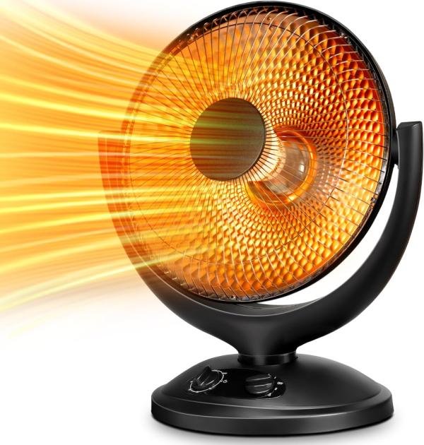 Kismile Calentador parabólico oscilante con termostato y temporizador, calentador de platos radiante con protección de vuelco y sobrecalentamiento para uso en interiores, 400 W/800 W
