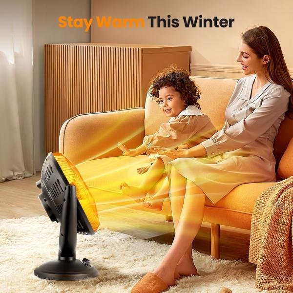 Kismile Calentador parabólico oscilante con termostato y temporizador, calentador de platos radiante con protección de vuelco y sobrecalentamiento para uso en interiores, 400 W/800 W - Imagen 2