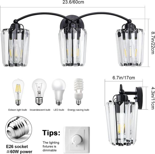Aipsun Lámparas de tocador de cristal modernas para baño, luces negras de tocador para baño, base E26 (no incluye bombilla) - Imagen 3