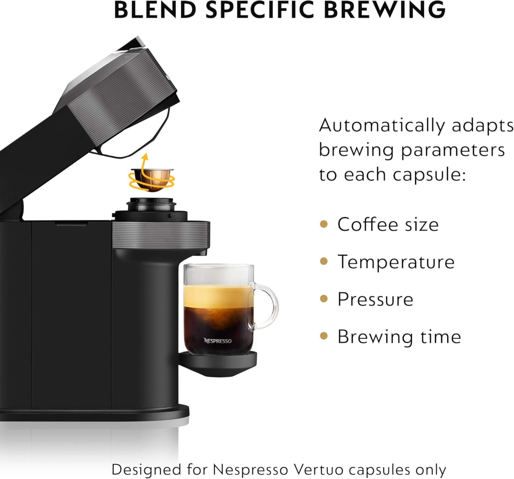 Nespresso De'Longhi ENV120GY, cafetera Vertuo Next, cápsulas, 5 tamaños de taza, calentamiento rápido, apagado automático, depósito 37 oz, color gris. - Imagen 4