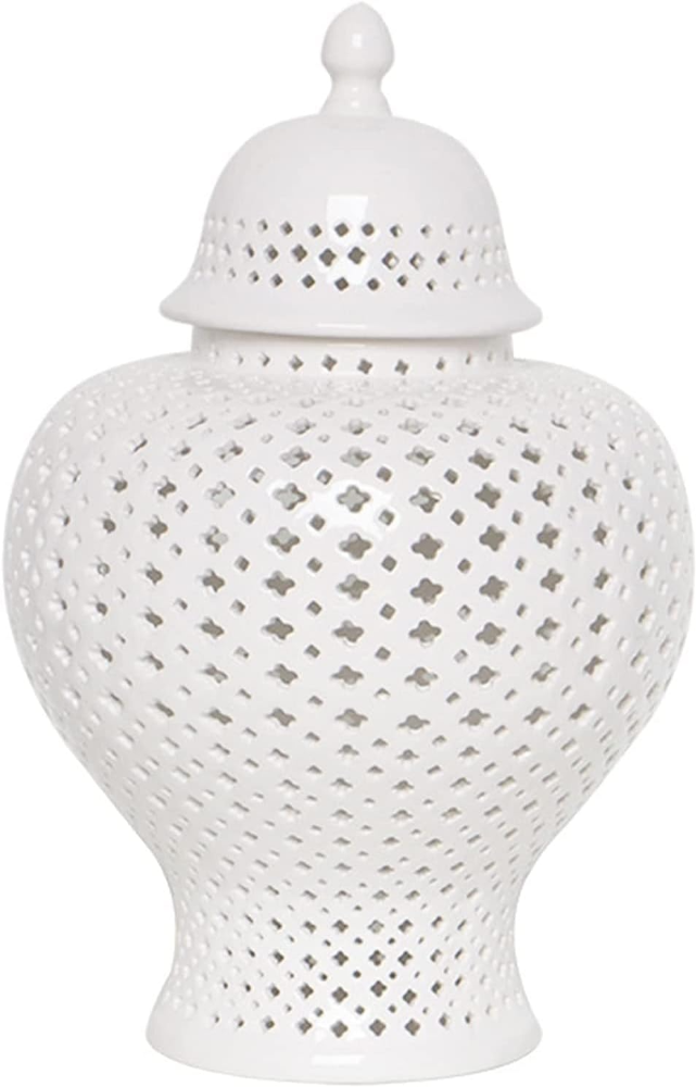 Tarro de jengibre de cerámica tradicional china con tapa, decorativo de celosía tallada, linterna cubierta perforada de cartílago, blanco tradicional brillante hecho a mano