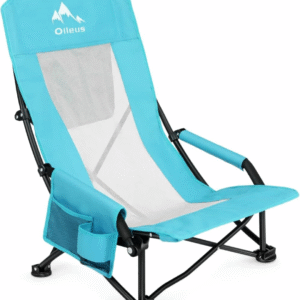 Oileus Silla de playa portátil plegable, ligera, respaldo alto, asiento bajo para tienda de campaña, refugio y campamento, respaldo de malla completa, soporte para tazas, bolsa para transporte.