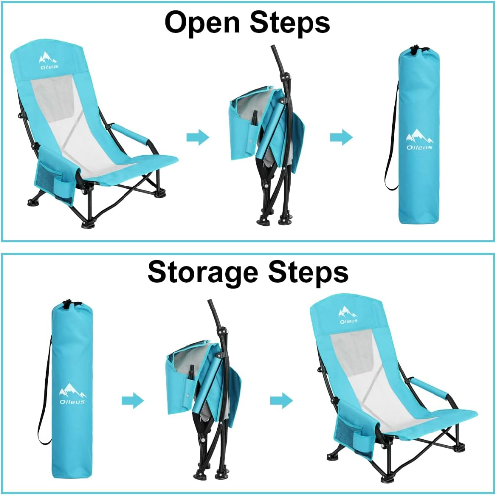 Oileus Silla de playa portátil plegable, ligera, respaldo alto, asiento bajo para tienda de campaña, refugio y campamento, respaldo de malla completa, soporte para tazas, bolsa para transporte. - Imagen 2