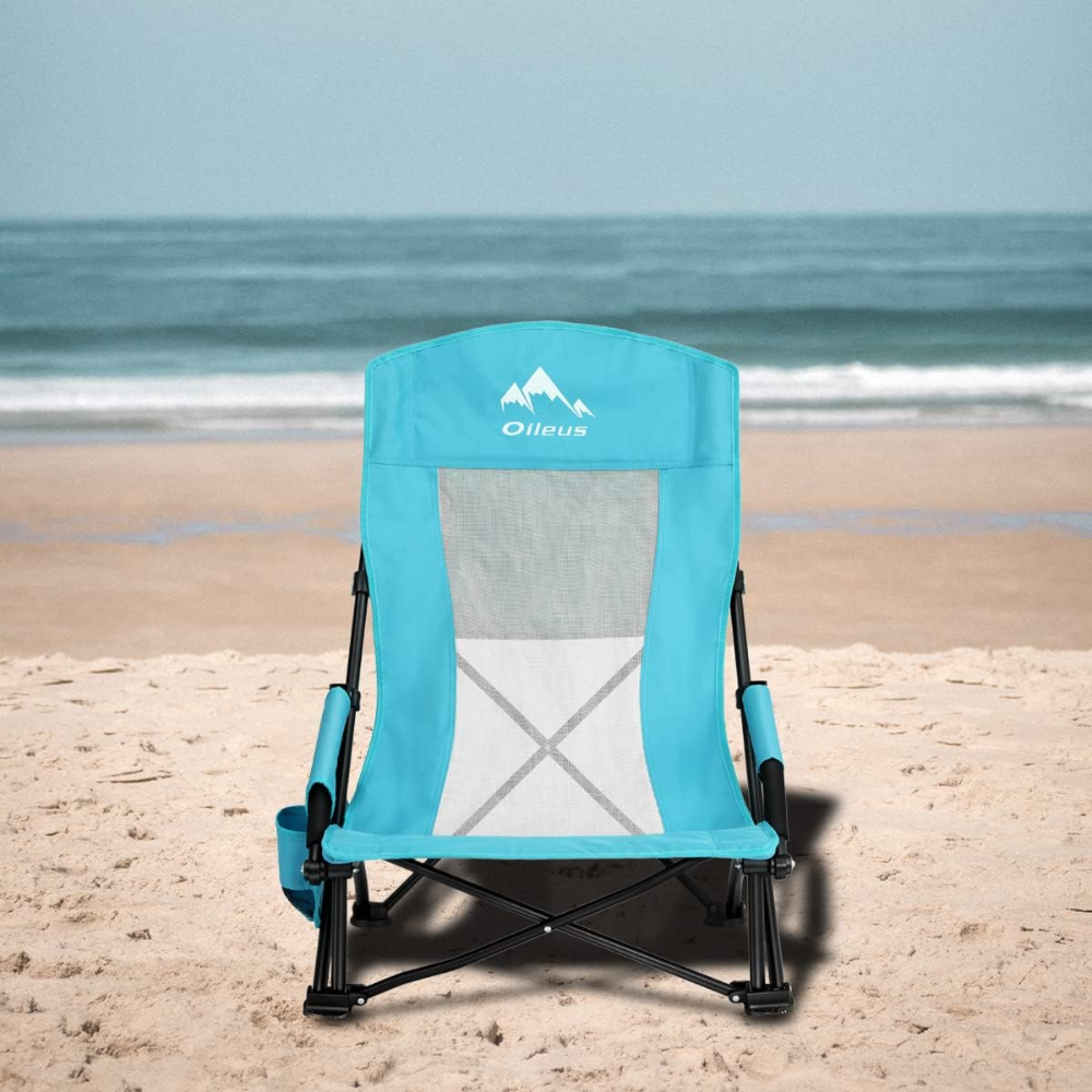 Oileus Silla de playa portátil plegable, ligera, respaldo alto, asiento bajo para tienda de campaña, refugio y campamento, respaldo de malla completa, soporte para tazas, bolsa para transporte. - Imagen 4