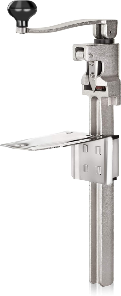 New Star Foodservice 7006841#1 Abrelatas manual de mesa con base de acero plateado para latas de hasta 28 cm. de alto