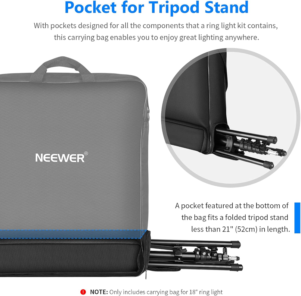 Neewer Bolsa de transporte para fotografía, funda protectora para anillo de luz de 18 pulgadas y trípode plegable de 21 pulgadas, 21 x 21 pulgadas, nailon ligero y duradero - Imagen 5