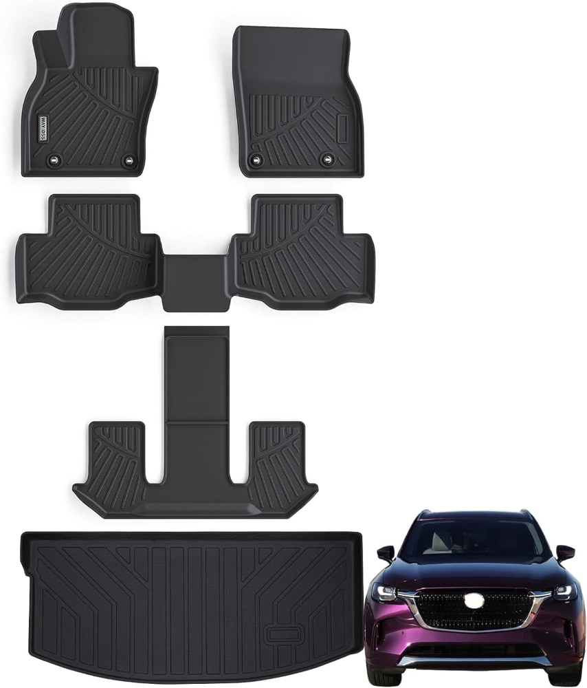 Alfombrillas de 3 filas y forro de carga para Mazda CX-90 6 y 7 asientos 2024 2025 (ambos se ajustan a CX90 con y sin consola de 2da fila), protección TPE para todo tipo de clima, antideslizante