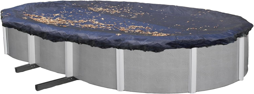 Cubierta para piscina elevada de 4,8 m x 7,6 m con red de hojas ovalada, de polietileno liviana de alta calidad, cable recubierto de vinilo y un cabrestante metálico que garantiza la red en su lugar,