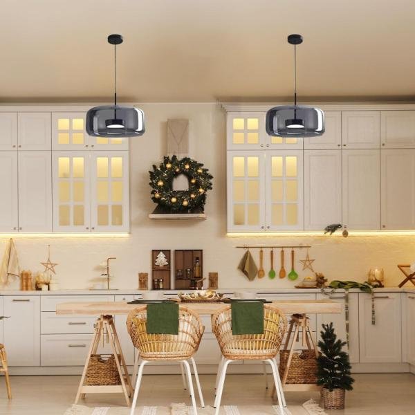 Juego de 2 lámparas colgante LED de cristal, estilo de mediados de siglo, luces colgantes negras con boca gris ahumado, pantalla de vidrio soplado, iluminación colgante redonda de vidrio