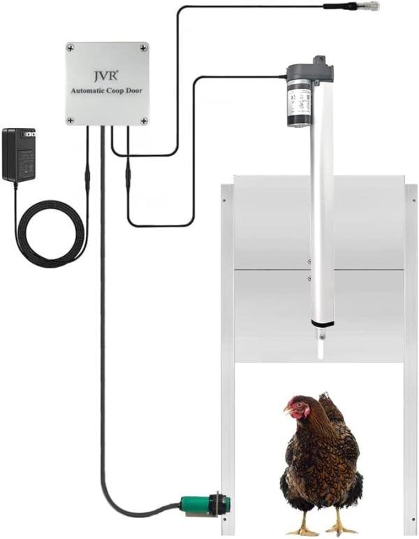 JVR Abridor automático de gallinero Doo con sensor de luz del atardecer al amanecer, puertas de gallineros de aluminio para aves de corral, puerta automática, motor de actuador