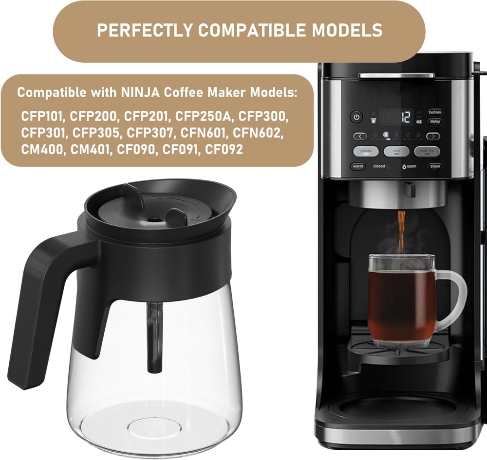 Repuesto para cafetera Ninja, jarra de vidrio de 12 tazas, mango ergonómico, tapa antigoteo, compatible con modelos Ninja de filtro, apta para lavavajillas. - Imagen 6