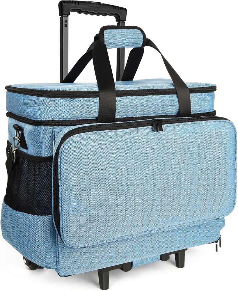 Estuche con ruedas para máquina de coser, fácil de transportar, acolchado, con compartimentos y compatible con la mayoría de modelos.