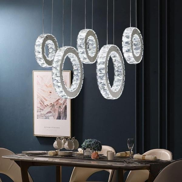 Candelabro de cristal moderno, lámpara LED regulable de techo de 5 anillos, lámpara colgante ajustable de acero inoxidable - Imagen 2
