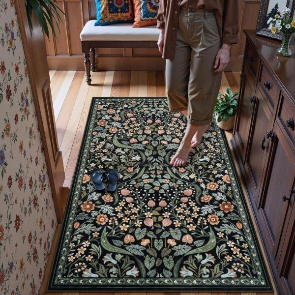 Moynesa - Alfombras florales de 3 x 5 para entrada, antideslizante, lavables a máquina, pequeña, botánica, bohemia ultrafina y suave para sala de estar, piso de dormitorio, baño, guardería, negro - Imagen 5
