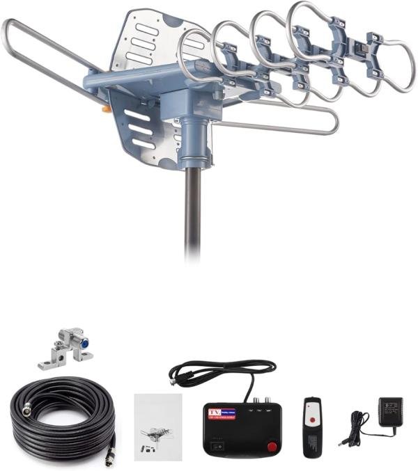 Antena de TV para exteriores, antena HDTV amplificada digital y cable coaxial RG6 de 60 pies, 200 millas de largo alcance, control remoto inalámbrico de 360 grados, soporte de rotación de 360