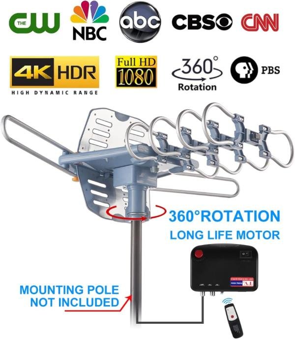 Antena de TV para exteriores, antena HDTV amplificada digital y cable coaxial RG6 de 60 pies, 200 millas de largo alcance, control remoto inalámbrico de 360 grados, soporte de rotación de 360 - Imagen 3