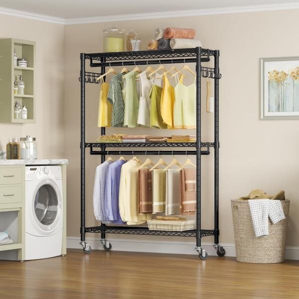 VIPEK R2 Plus perchero resistente NEGRO, 3 niveles ajustables, varillas dobles, ganchos laterales, estante independiente de metal, ideal para organización