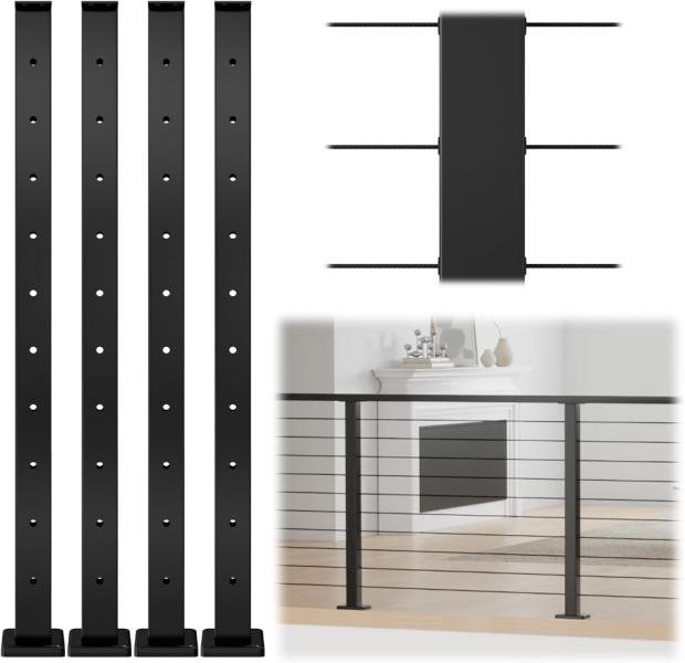 Muzata set de 4 postes de barandilla, 91?×?5?×?5?cm, NEGRO, acero inoxidable T304, montaje en superficie perforada, ideal para sistemas de cable - Imagen 4
