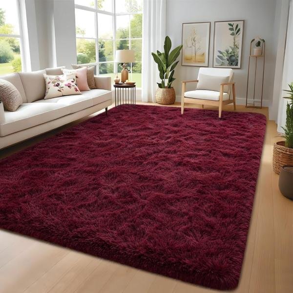 Alfombra mullida de color rojo burdeos para dormitorio, sala de estar, alfombra de área de pelo alto, para decoración de niños y niñas, alfombra de piso suave y lanuda para