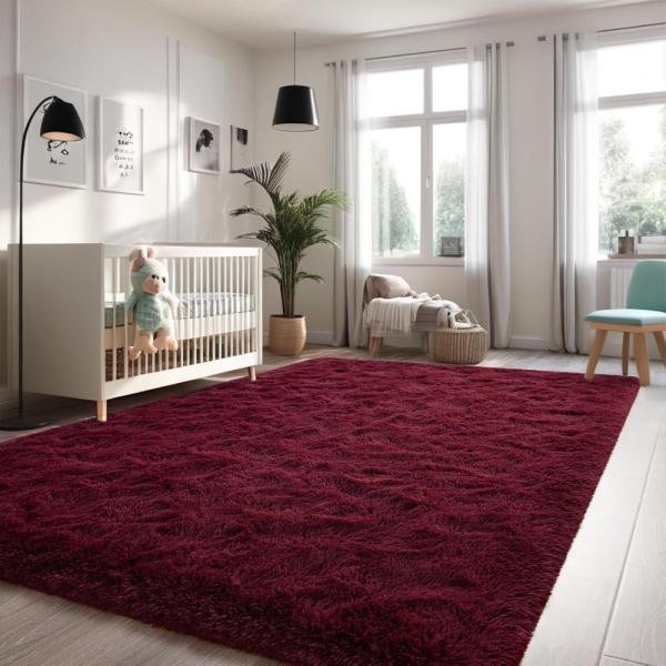 Alfombra mullida de color rojo burdeos para dormitorio, sala de estar, alfombra de área de pelo alto, para decoración de niños y niñas, alfombra de piso suave y lanuda para - Imagen 2