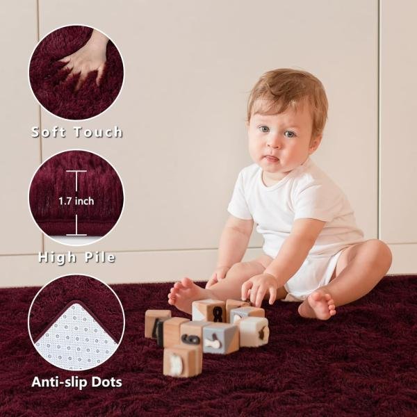 Alfombra mullida de color rojo burdeos para dormitorio, sala de estar, alfombra de área de pelo alto, para decoración de niños y niñas, alfombra de piso suave y lanuda para - Imagen 3