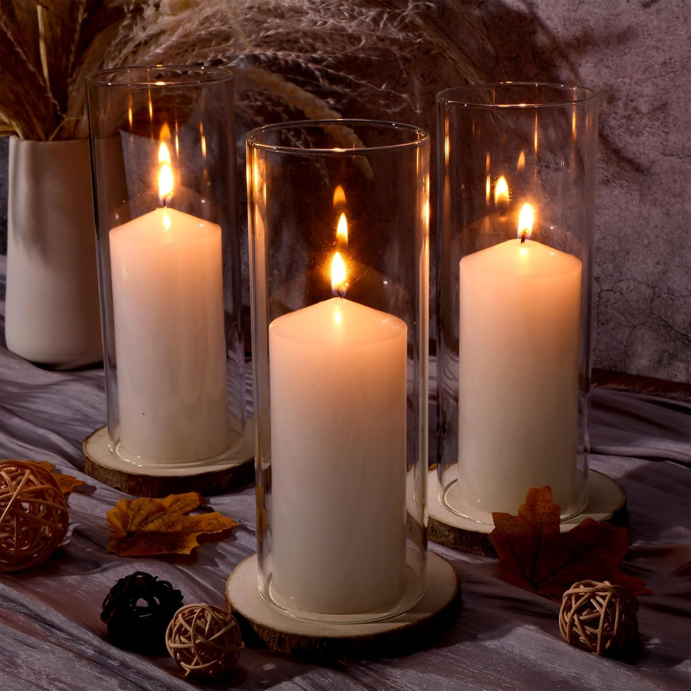 Yaomiao Juego de 6 portavelas de cristal, cilindros de vidrio 6"x10", con bandeja de madera, ideal para velas de pilar, jarrones, decoración de bodas o mesas. VALORADO - Imagen 3