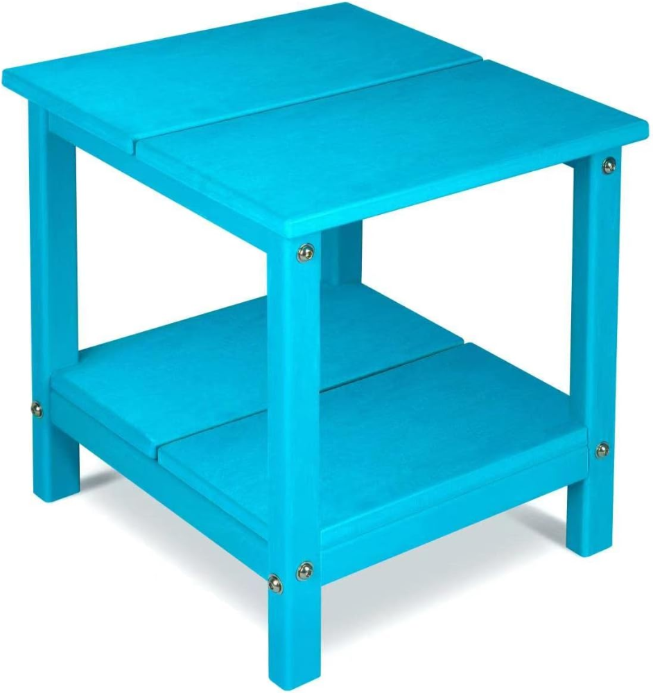 HDPE Mesa de patio pequeña, 2 niveles, 16"x16"x18", resistente, ligera, azul, ideal para exterior.