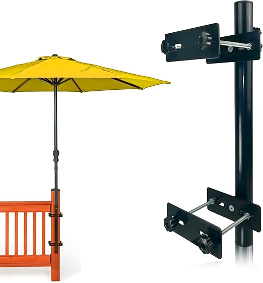 Soporte para sombrilla de patio, soporte de metal resistente para terraza, base resistente para abrazaderas montadas en barandilla con poste maximizando el espacio del balcón y la sombra