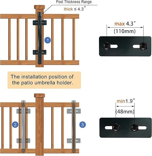 Soporte para sombrilla de patio, soporte de metal resistente para terraza, base resistente para abrazaderas montadas en barandilla con poste maximizando el espacio del balcón y la sombra - Imagen 3