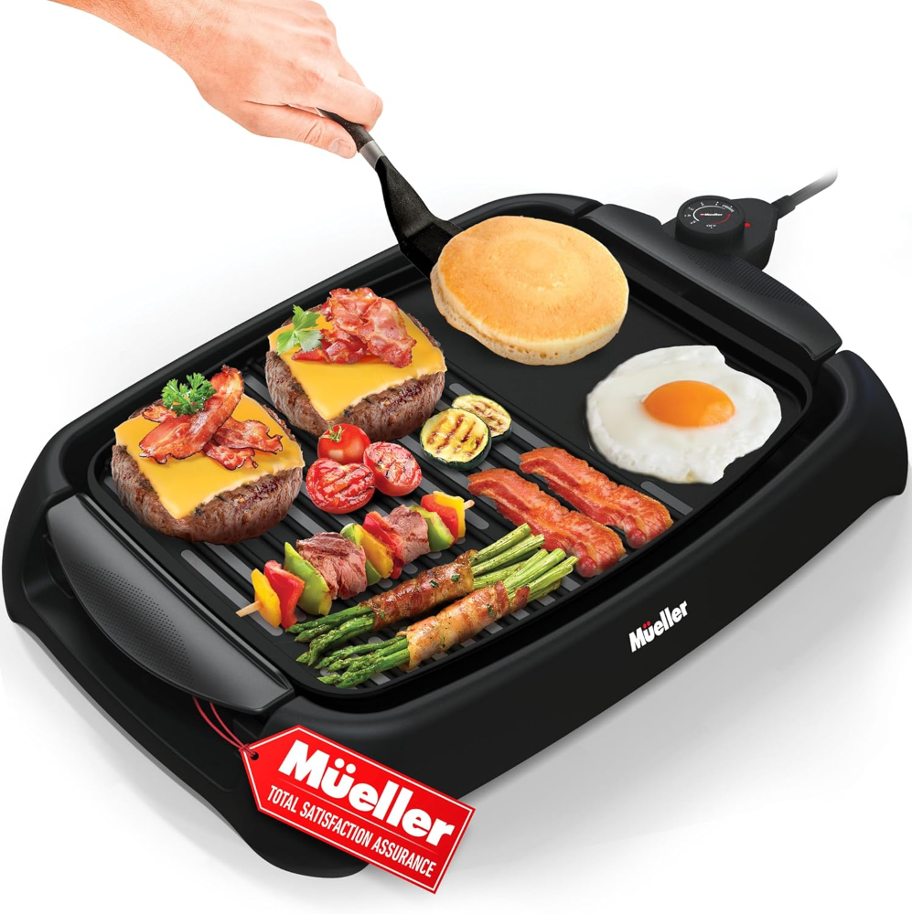 Mueller Ultra GrillPower 2 en 1, parrilla eléctrica sin humo para interiores, placas antiadherentes desmontables, temperatura ajustable, 120V.