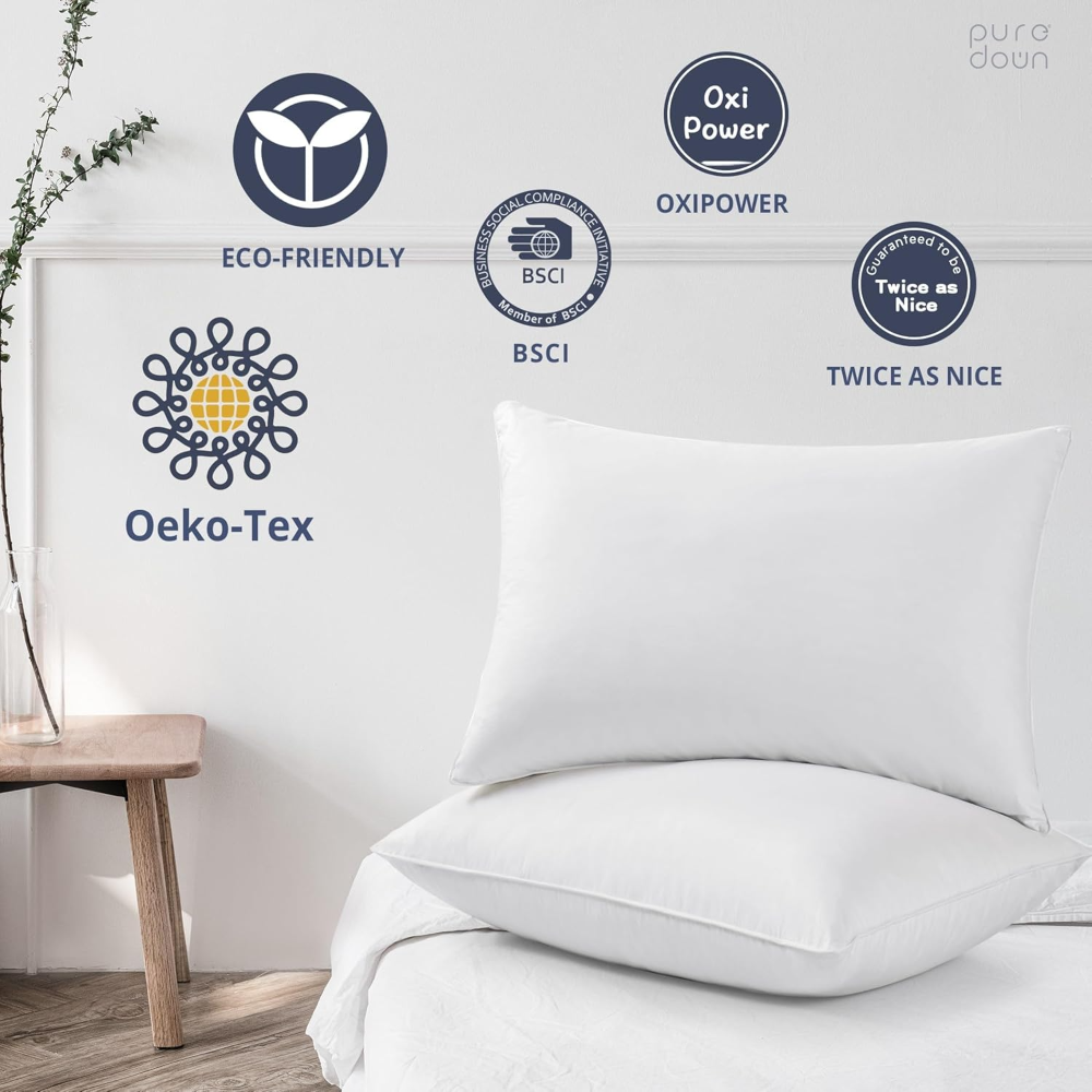 Tamaño estándar -Juego de 2 almohadas de plumas y plumón de ganso blanco, colección de hoteles, para dormir. - Imagen 2