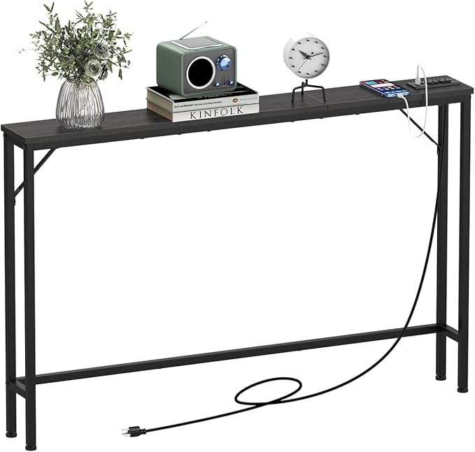 Tohomeor Consola 14 cm, mesa estrecha 120 cm, color negro carbón, con estación de carga, tomas de corriente y puertos USB, ideal para detrás del sofá, entrada o pasillo.