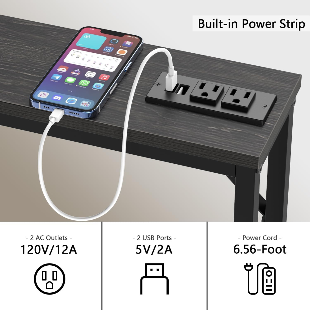 Tohomeor Consola 14 cm, mesa estrecha 120 cm, color negro carbón, con estación de carga, tomas de corriente y puertos USB, ideal para detrás del sofá, entrada o pasillo. - Imagen 2