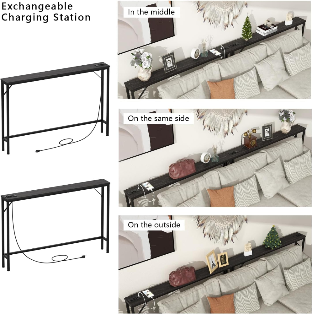 Tohomeor Consola 14 cm, mesa estrecha 120 cm, color negro carbón, con estación de carga, tomas de corriente y puertos USB, ideal para detrás del sofá, entrada o pasillo. - Imagen 3