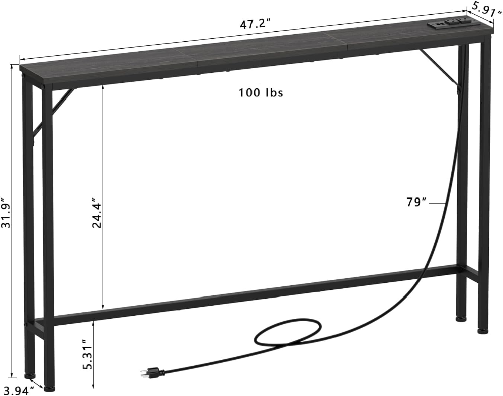 Tohomeor Consola 14 cm, mesa estrecha 120 cm, color negro carbón, con estación de carga, tomas de corriente y puertos USB, ideal para detrás del sofá, entrada o pasillo. - Imagen 5