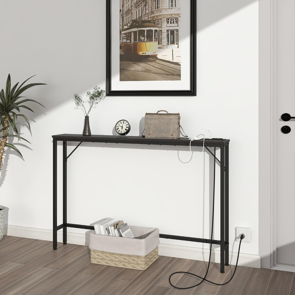 Tohomeor Consola 14 cm, mesa estrecha 120 cm, color negro carbón, con estación de carga, tomas de corriente y puertos USB, ideal para detrás del sofá, entrada o pasillo. - Imagen 6