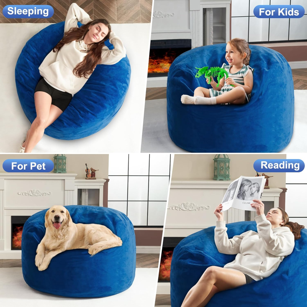 Fragess Puff gigante 90 cm, relleno espuma viscoelástica, funda terciopelo azul extraíble y lavable, medidas 91x91x61 cm, ideal para adultos. - Imagen 4