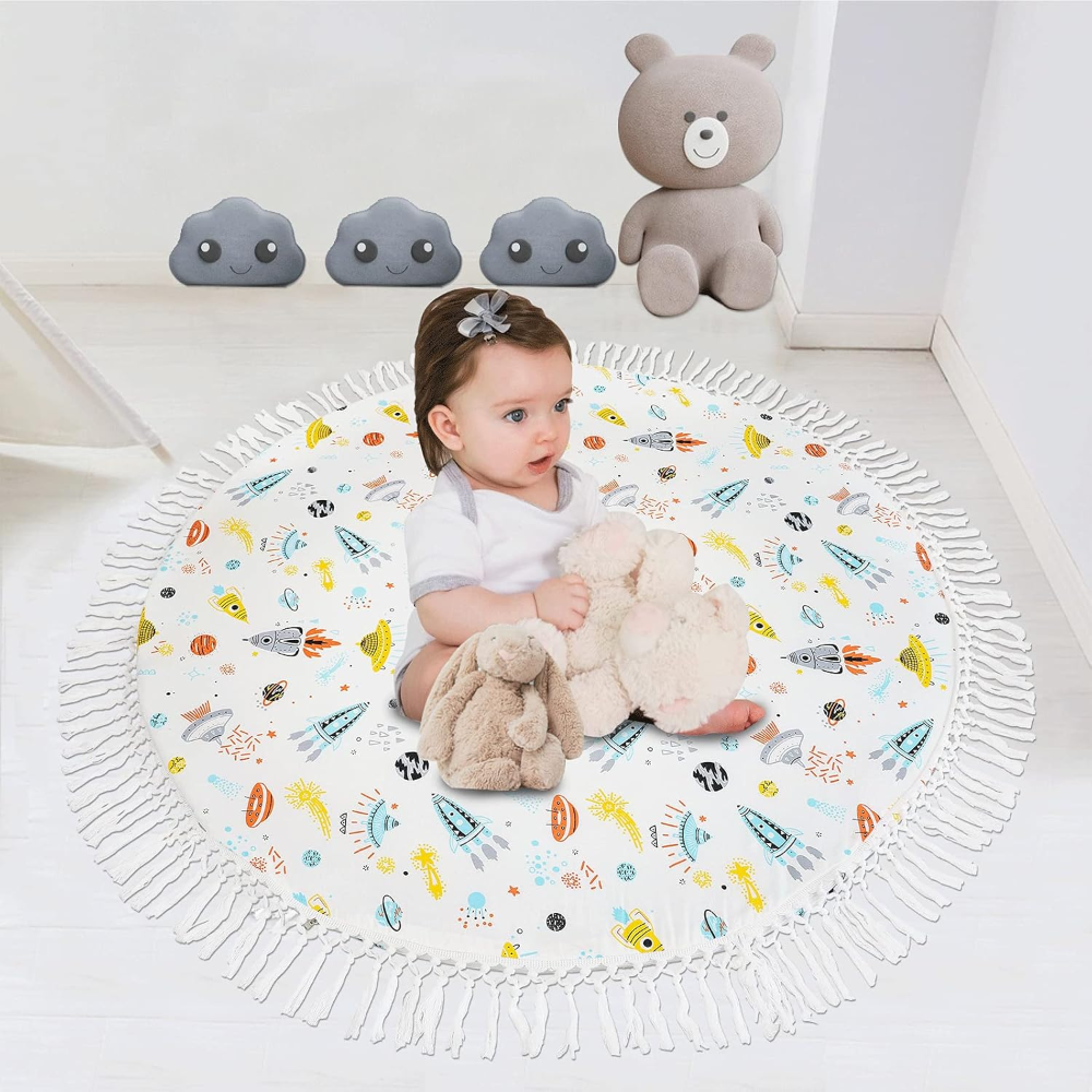 Tapete de juego para bebe, tapete redondo suave con borla, 100% algodón, regalo de Navidad, se adapta a la guardería de bebés con tema vintage, lavable a mano. - Imagen 5