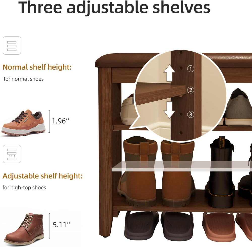 Banco de zapatos con cojín de cuero, banco de almacenamiento de zapatos de 3 niveles, altura ajustable, banco de entrada de madera de nogal para pasillo, vestíbulo - Imagen 3