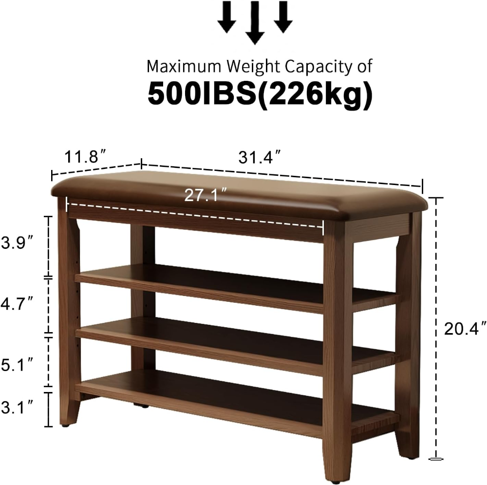 Banco de zapatos con cojín de cuero, banco de almacenamiento de zapatos de 3 niveles, altura ajustable, banco de entrada de madera de nogal para pasillo, vestíbulo - Imagen 5