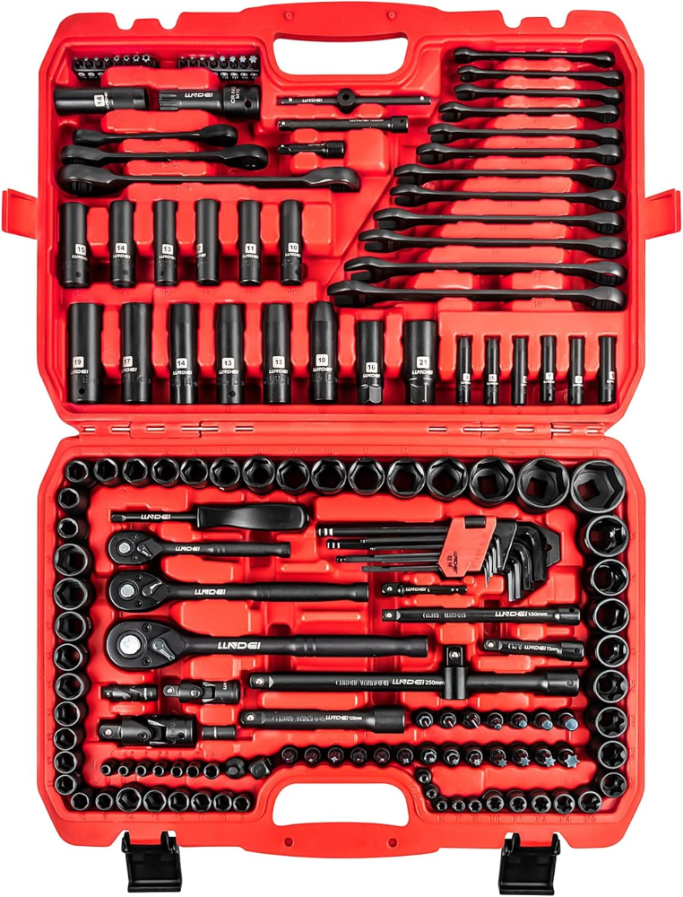 LLNDEI Juego herramientas 160 piezas, dados métricos 1/2, 1/4, 3/8 pulg, CR-V, brocas profundas y poco profundas, trinquete liberación rápida, kit profesional mecánico. VALORADO