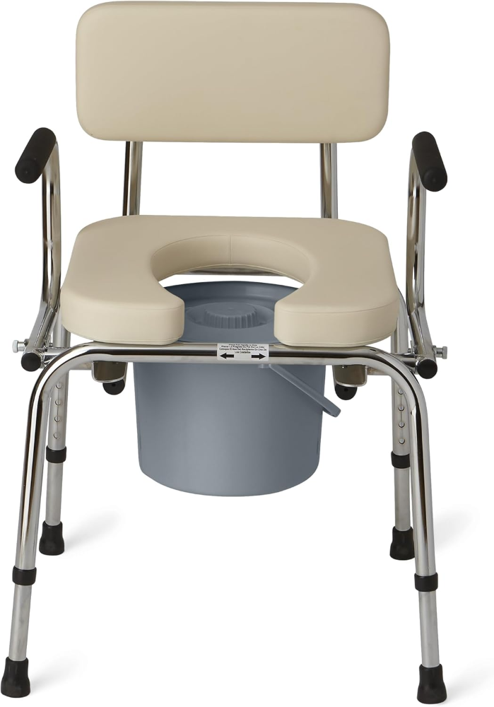 Medline Inodoro con brazos abatibles, asiento y respaldo acolchados, cubeta extraíble, protección salpicaduras, soporta 350 lb, color canela, ideal adultos y mayores.
