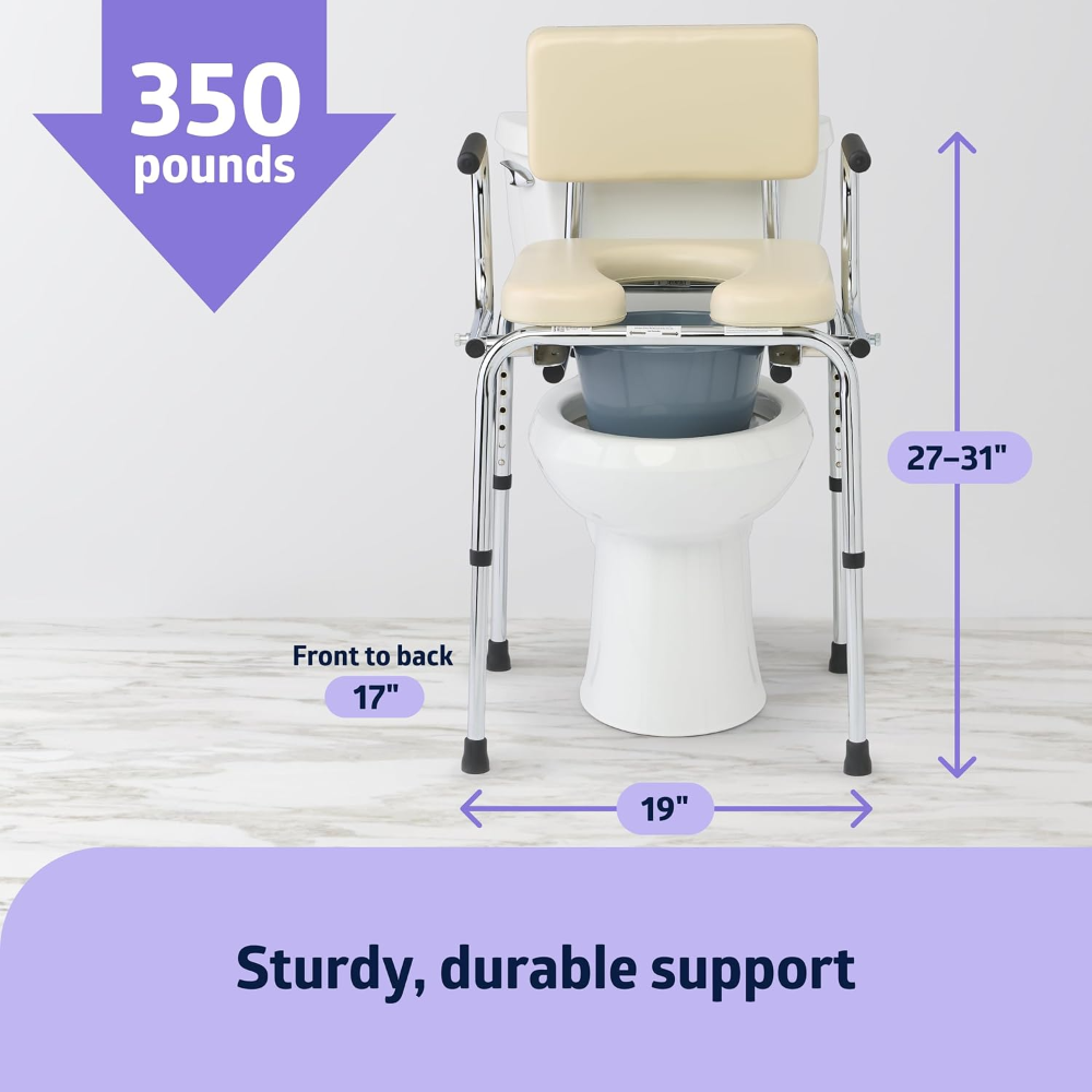 Medline Inodoro con brazos abatibles, asiento y respaldo acolchados, cubeta extraíble, protección salpicaduras, soporta 350 lb, color canela, ideal adultos y mayores. - Imagen 4