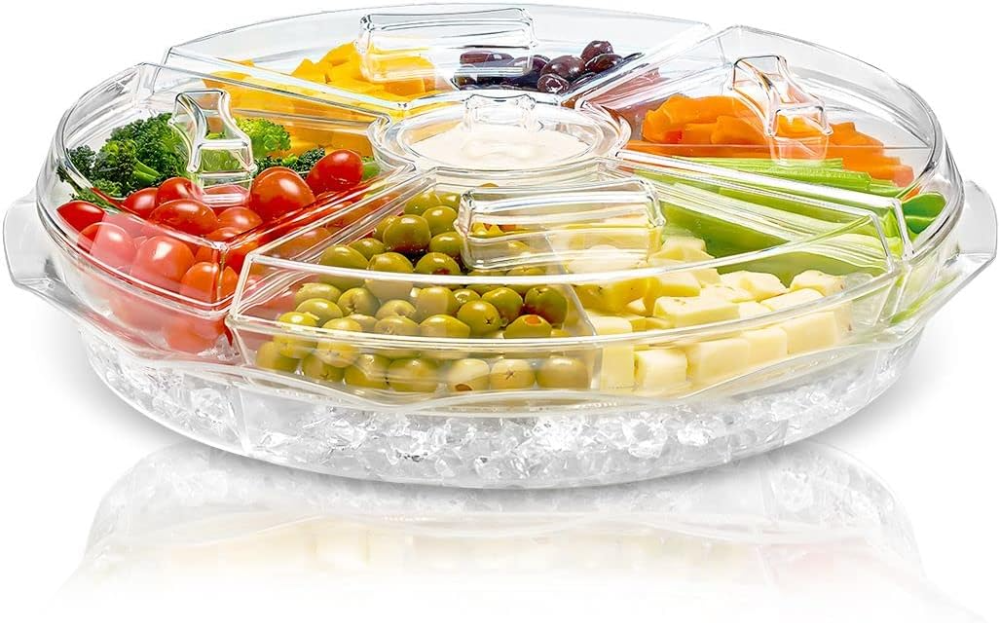 Bandeja de acrílico para servir con compartimento para hielo y 8 compartimentos con tapa para bocadillos, mantiene la comida fría y fresca, para ensaladas