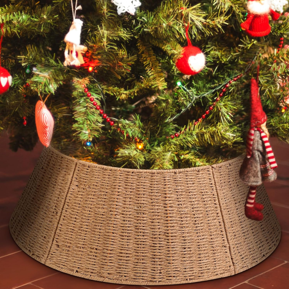 Collar de árbol de Navidad de 61 cm, tejido natural, anillo de árbol de Navidad, cuerda de papel de granja, falda de árbol de Navidad, cubierta base rústico para decoración navideña