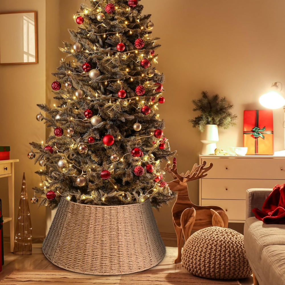 Collar de árbol de Navidad de 61 cm, tejido natural, anillo de árbol de Navidad, cuerda de papel de granja, falda de árbol de Navidad, cubierta base rústico para decoración navideña - Imagen 2
